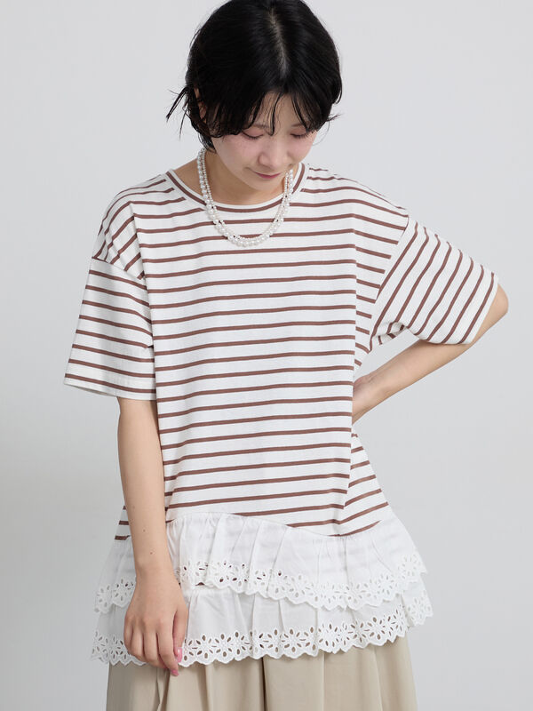 接触冷感】裾レースボーダーTシャツ（ブラック/ブラウン/グリーン
