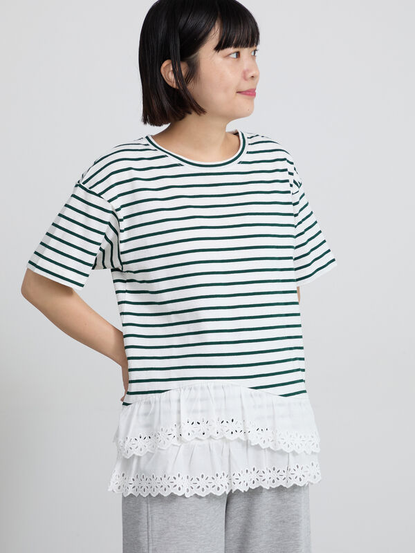 d.i.a♡新品✨️レースアップトップス ボーダー セール】 【接触冷感】裾レースボーダーTシャツ（ブラック/ブラウン