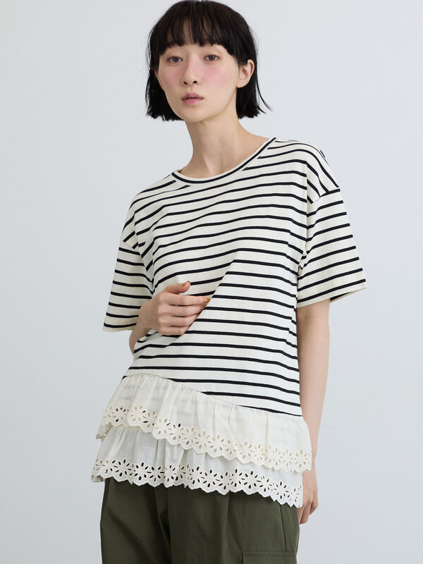 セール】 【接触冷感】裾レースボーダーTシャツ（ブラック/ブラウン