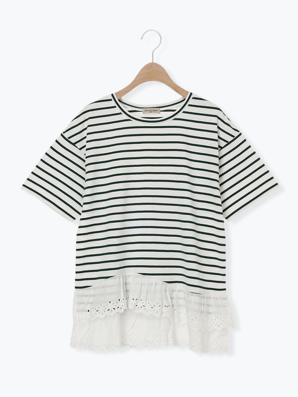 セール】 【接触冷感】裾レースボーダーTシャツ（ブラック/ブラウン