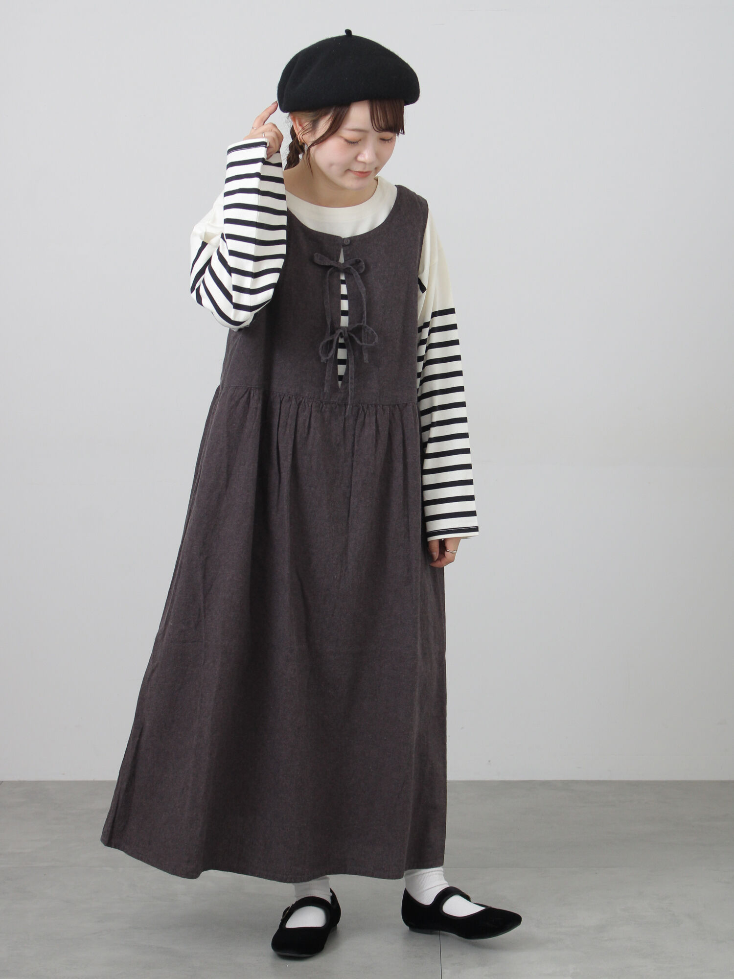 Cross×Linen】ふんわり前後着ジャンスカ（チャコールグレー/レッド