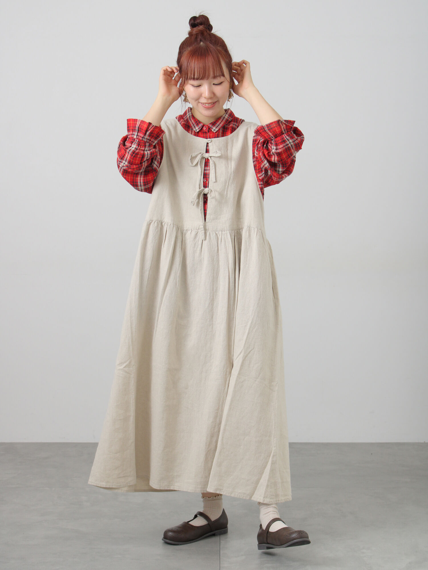 Cross×Linen】ふんわり前後着ジャンスカ（チャコールグレー/レッド