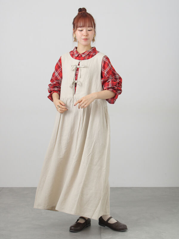 ワンピース TianXieShe モモンガ ステンレス ドーベルマン オニグモ Cross×Linen】ふんわり前後着ジャンスカ（チャコールグレー/レッド