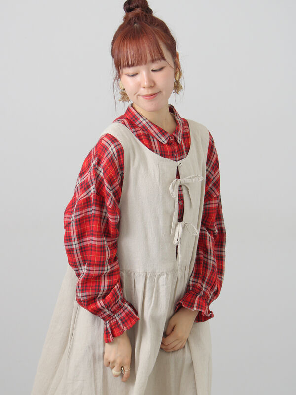 Cross×Linen】ふんわり前後着ジャンスカ（チャコールグレー/レッド