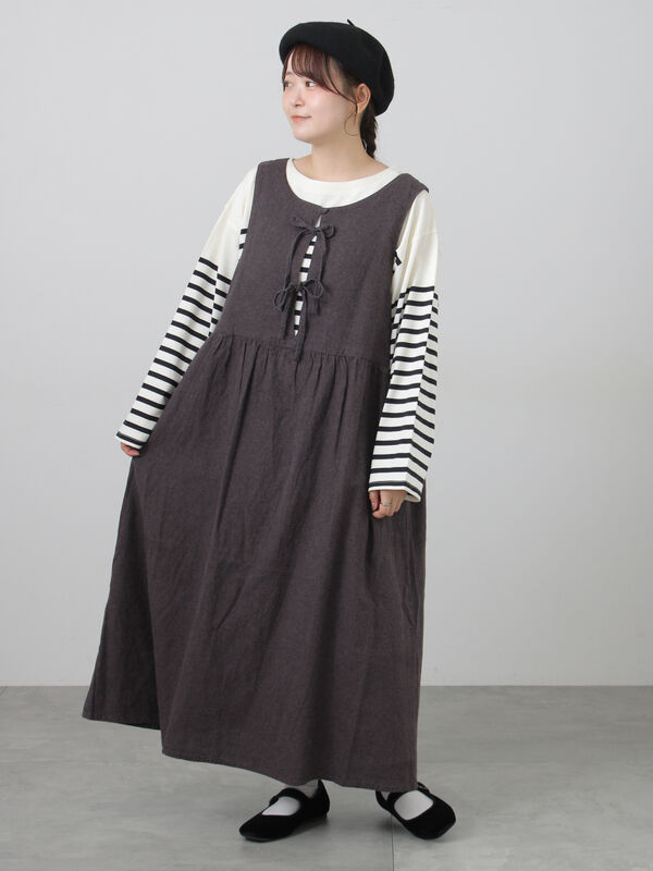 Cross×Linen】ふんわり前後着ジャンスカ（チャコールグレー/レッド