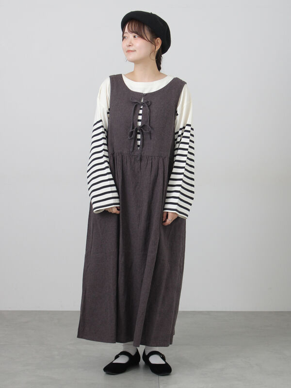 Cross×Linen】ふんわり前後着ジャンスカ（チャコールグレー/レッド