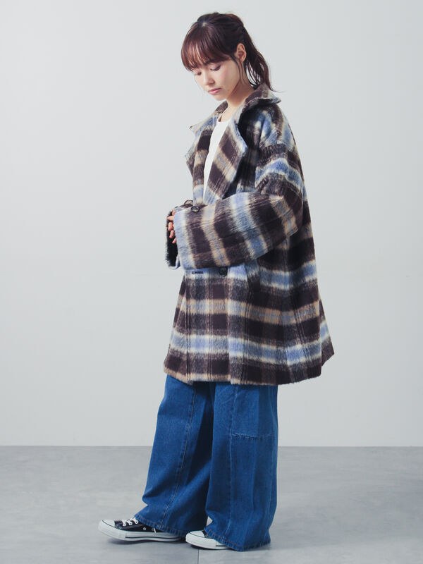✨美品✨コムデギャルソン　モッズコート　ダークネイビー　タータンチェック シャギーチェックミドル丈コート（グレー/ダークブラウン/キナリ