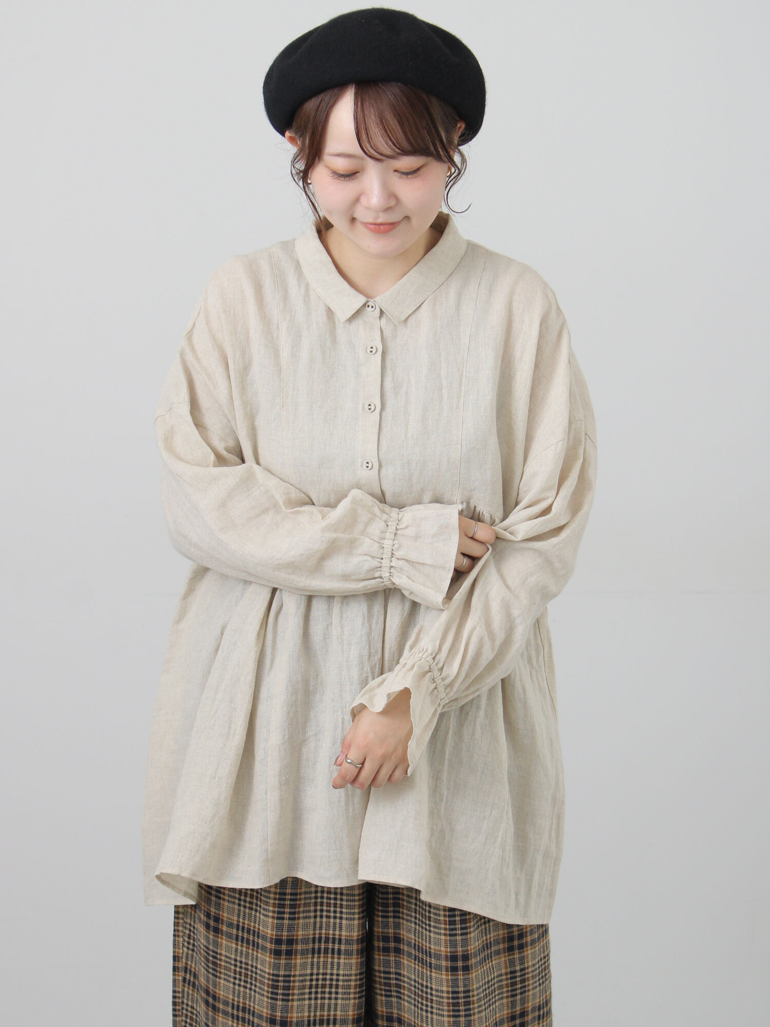 Cross×Linen】ふんわりチュニック（チャコールグレー/レッド/ベージュ