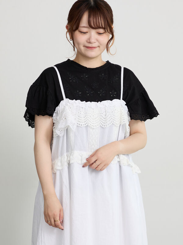 セール】 カットワーク刺繍レースカットソー（オフホワイト/ブラック