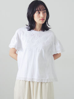 セール】 カットワーク刺繍レースカットソー（オフホワイト/ブラック