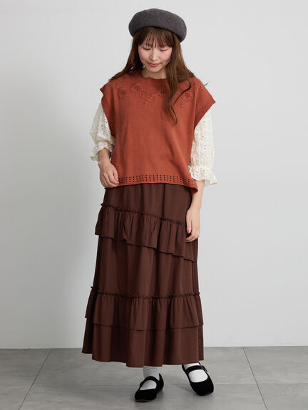 【天神店/EC限定】花刺繍ニットベスト（モカ/テラコッタ/キナリ）｜Samansa Mos2（サマンサ モスモス）通販