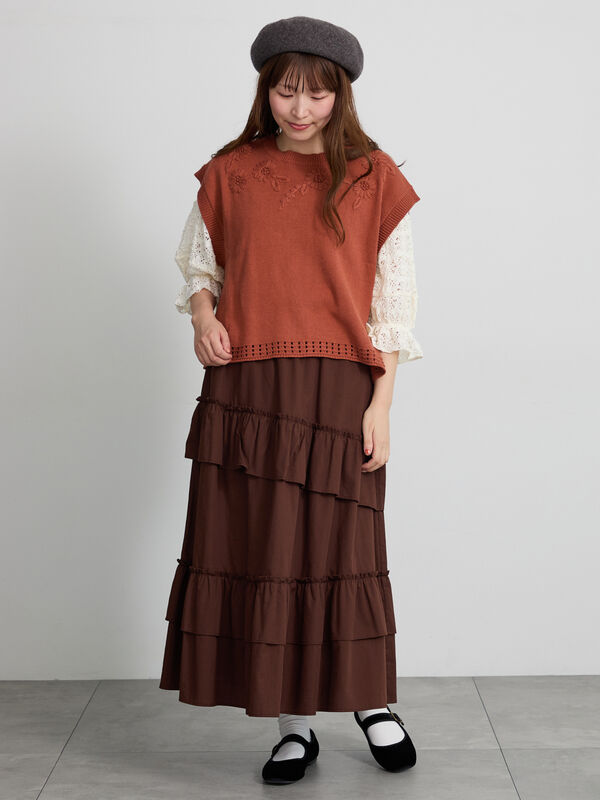天神店/EC限定】花刺繍ニットベスト（モカ/テラコッタ/キナリ/アウター