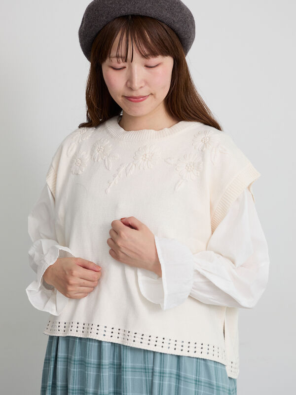 天神店/EC限定】花刺繍ニットベスト（モカ/テラコッタ/キナリ/アウター