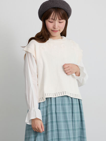 【天神店/EC限定】花刺繍ニットベスト（モカ/テラコッタ/キナリ）｜Samansa Mos2（サマンサ モスモス）通販