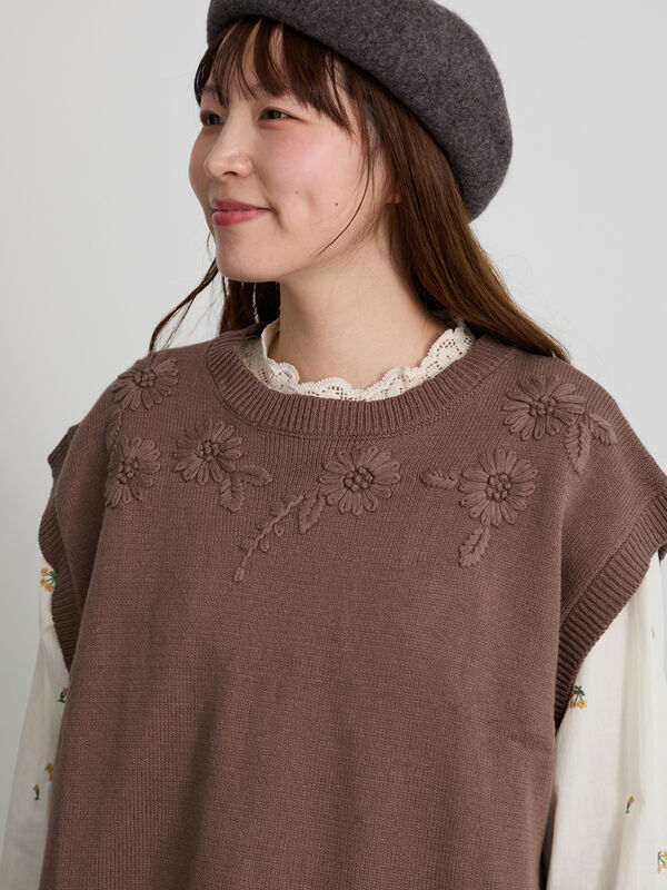 天神店/EC限定】花刺繍ニットベスト（モカ/テラコッタ/キナリ/アウター