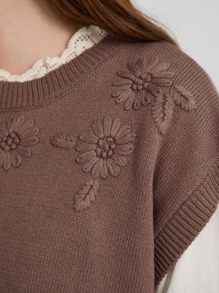 【天神店/EC限定】花刺繍ニットベスト（モカ/テラコッタ/キナリ）｜Samansa Mos2（サマンサ モスモス）通販