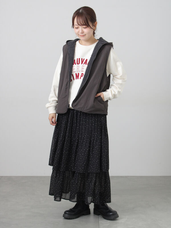 セール】 レイヤード風消しプリーツスカート（マスタード/アイボリー
