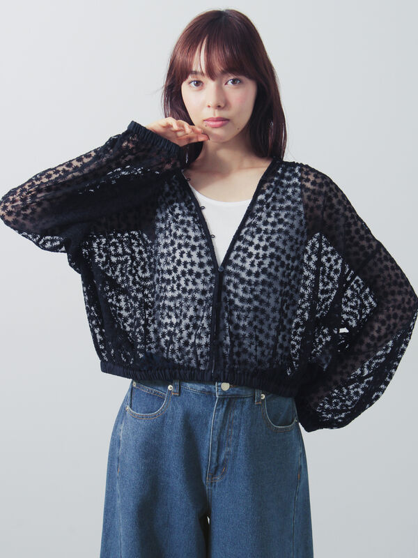 セール】 チュール刺繍ギャザーブラウス（オフホワイト/ブラック