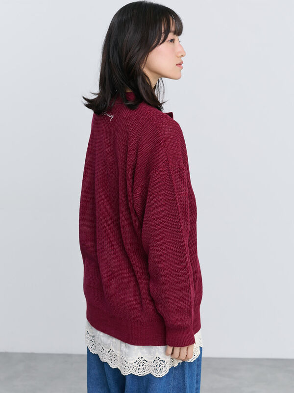 セール】 ポイント刺繍Vネックカーディガン（チャコールグレー/レッド