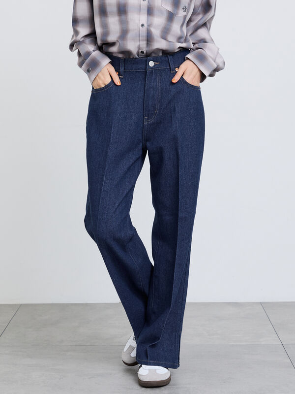 サマンサモスモス  S  未使用ミトン　デニム風柄  linen セミフレアデニムパンツ（ブルー/ネイビー/ボトムス/パンツ）| Samansa