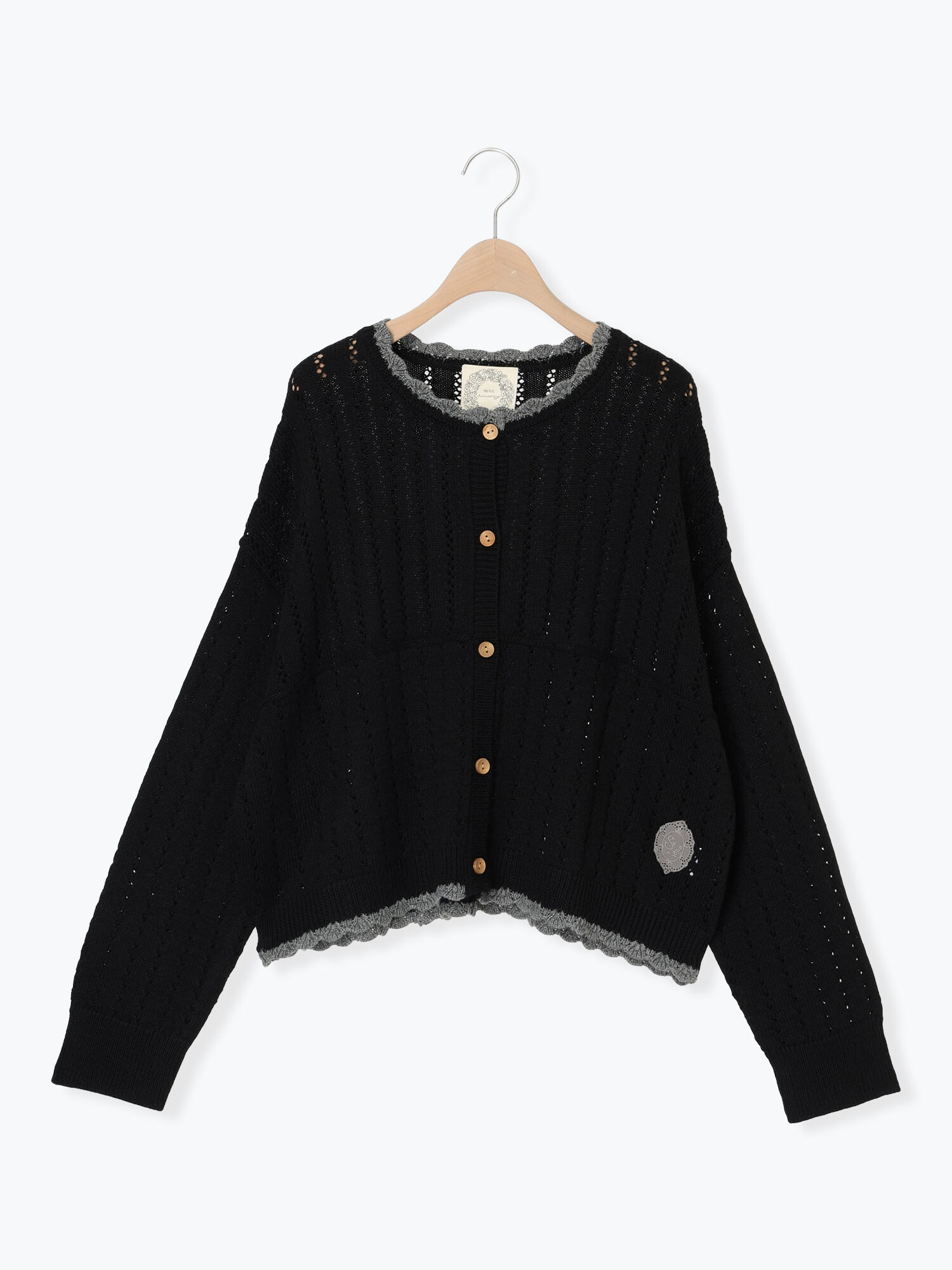 SA刺繍】配色スカラップニットカーディガン（ブラック/モカ/キナリ