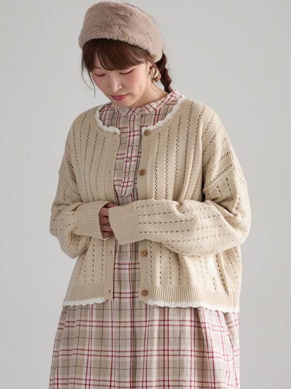 SA刺繍】配色スカラップニットカーディガン（ブラック/モカ/キナリ