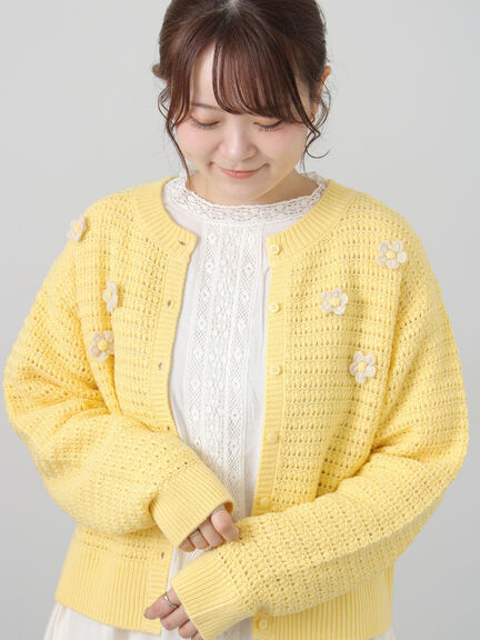 お花かぎ針付きニットカーディガン（ブラック/イエロー/キナリ
