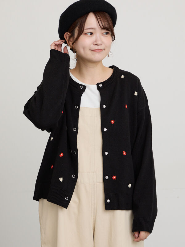 花刺繍カーディガン（ブラック/ベージュ/マスタード/グリーン/トップス