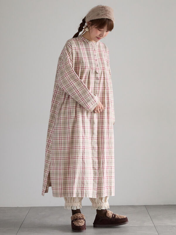 SA刺繍】ピンタックワンピース（ブラック/チェック/キナリ/ワンピース