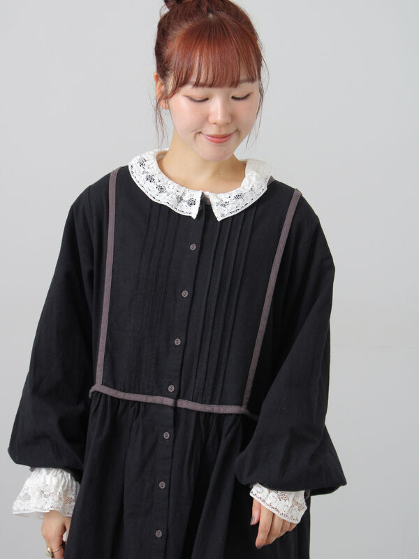販路限定】配色パイピングワンピース（ブラック/ボルドー/ベージュ