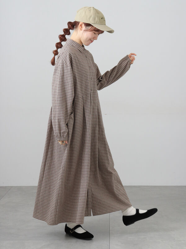 バックチェック シャツワンピース ベージュ 期間限定】 綿麻シャツワンピース（ベージュ/マスタード/ブルー