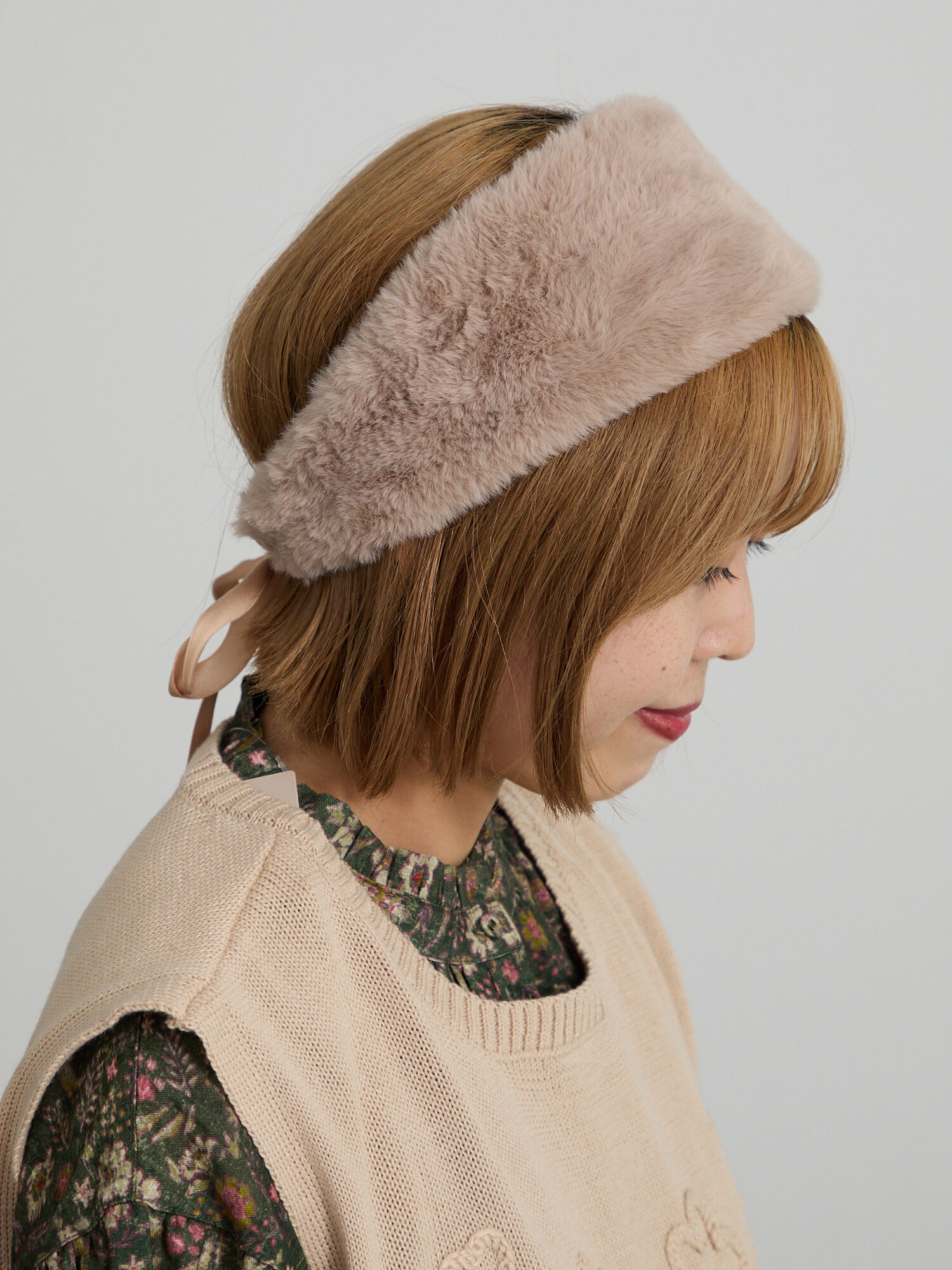 フェイクファーヘアバンド（ダークブラウン/グレージュ/アクセサリー