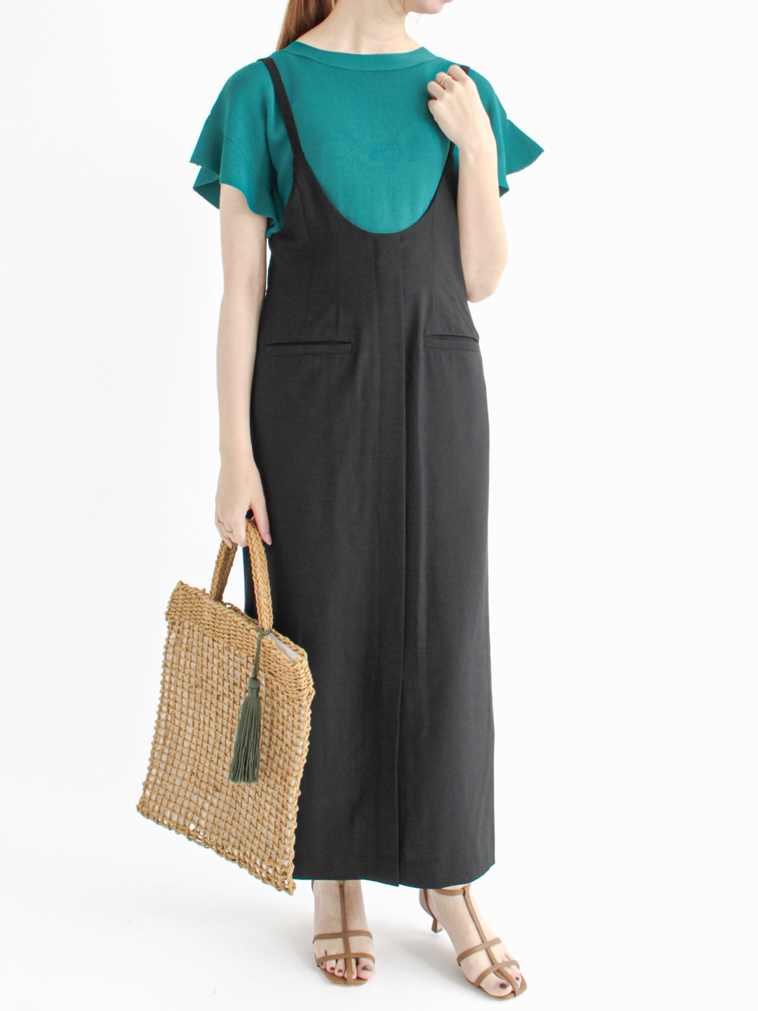 セール 麻調ストレートサロペットスカート ブラック ベージュ ワンピース ワンピース Te Chichi テチチ 公式通販