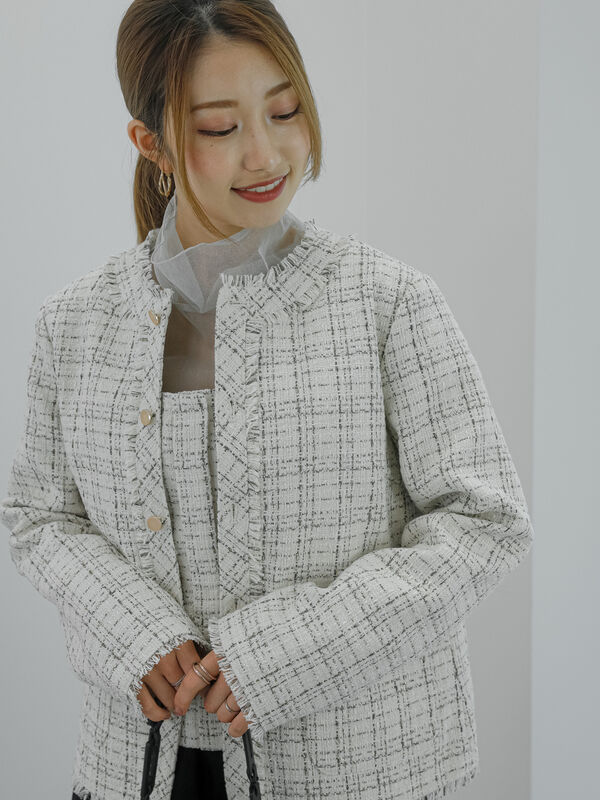 MIXED TWEED BONDAGE NO COLLAR JKT IVORY - アウター