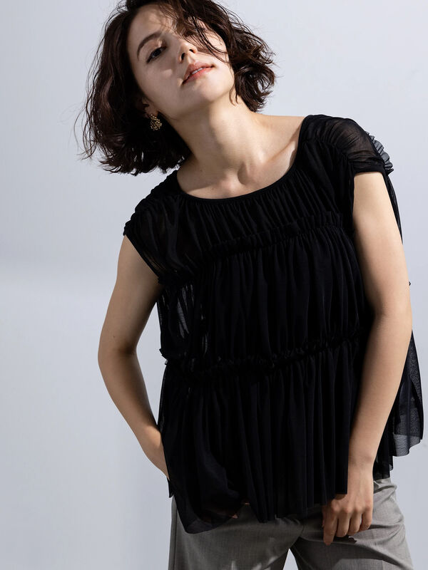 セール】 2WAYチュールティアードレイヤートップス（グレー/ブラック  