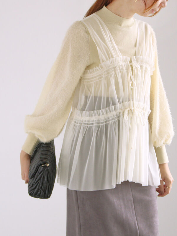 セール】 前後2WAYチュールレイヤードベスト（オフホワイト/グレー