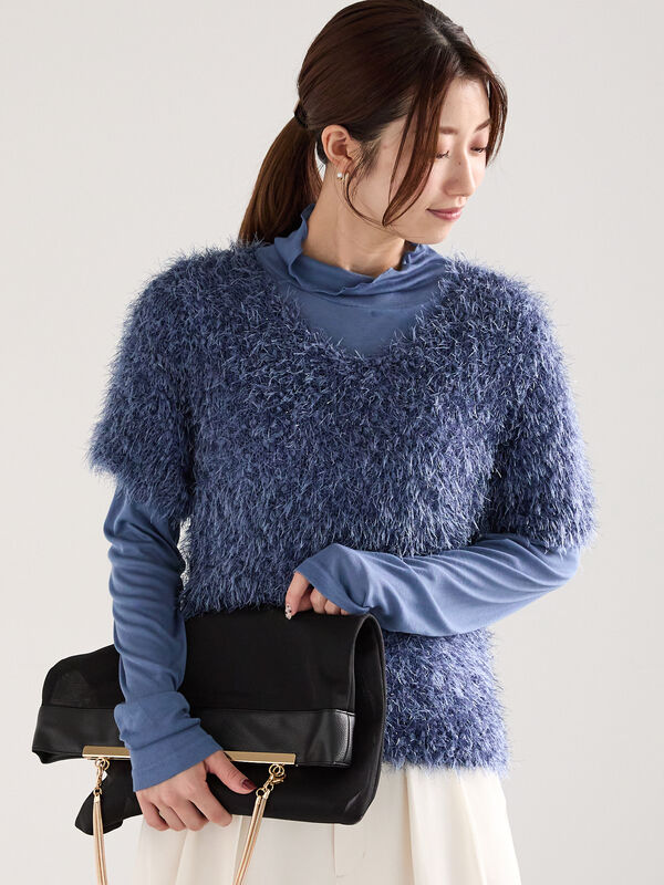 インナー付ポコポコラメシャギー半袖ニット（ブルー）｜Te chichi（テチチ）通販