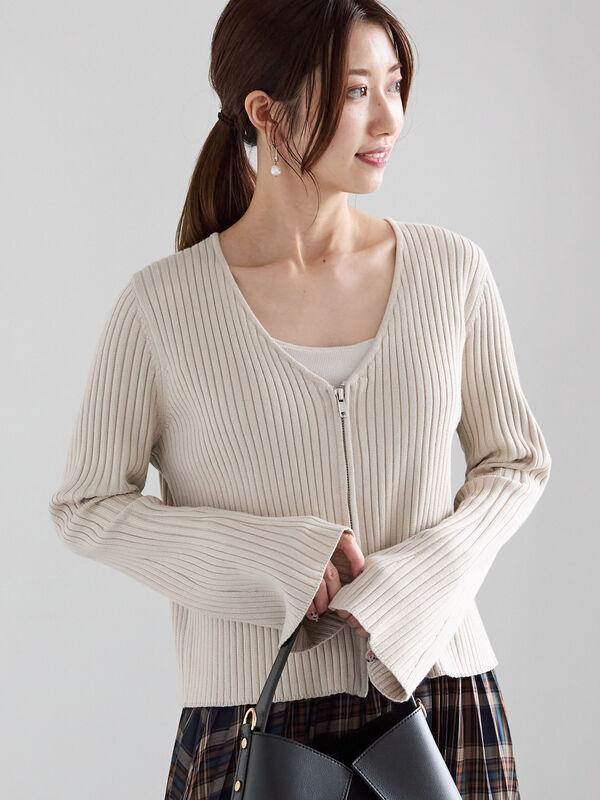 リブダブルジップVネックカーディガン（ベージュ）｜Te chichi（テチチ）通販