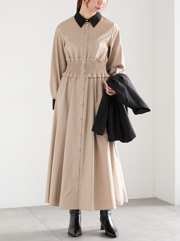 ウエストシャーリングシャツワンピース（ベージュ/ネイビー 