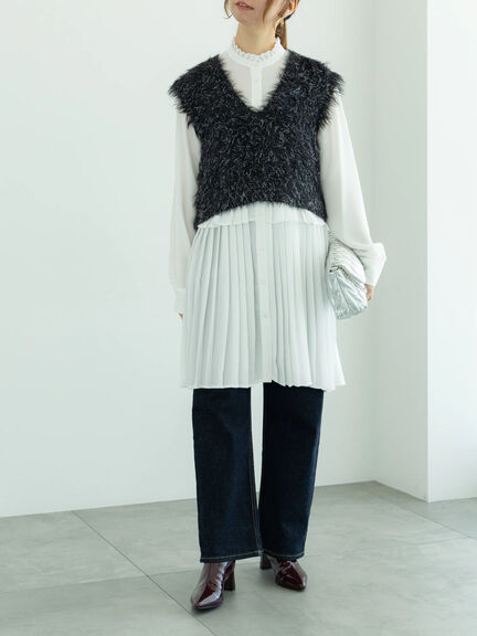 ロングラメシャギーベスト（オフホワイト/チャコールグレー/ブラック）｜Te chichi（テチチ）通販