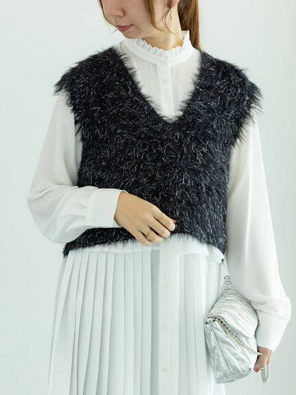 ロングラメシャギーベスト（オフホワイト/チャコールグレー/ブラック）｜Te chichi（テチチ）通販