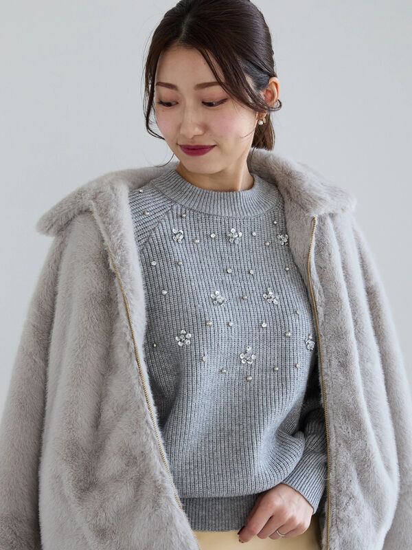 フラワービジュー畦ニットプルオーバー（グレー）｜Te chichi（テチチ）通販