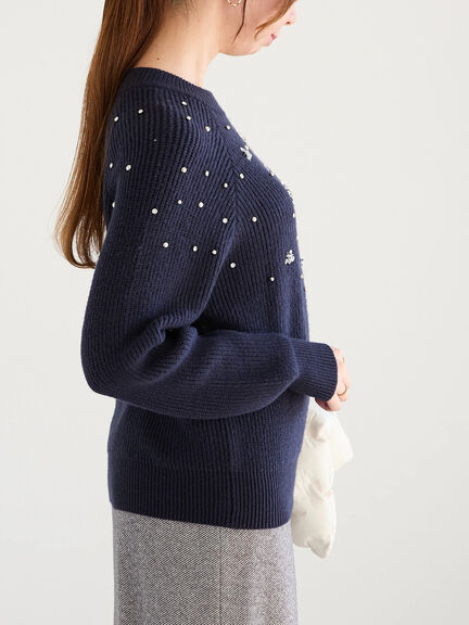 フラワービジュー畦ニットプルオーバー（グレー/ネイビー）｜Te chichi（テチチ）通販