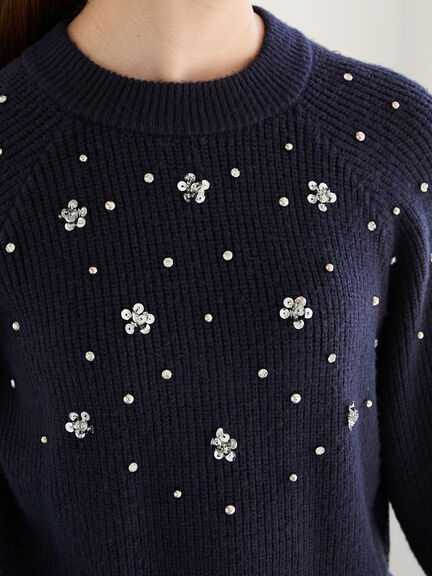 フラワービジュー畦ニットプルオーバー（グレー/ネイビー）｜Te chichi（テチチ）通販