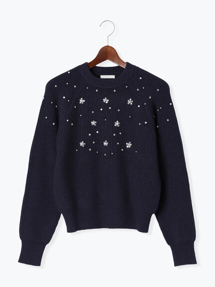 フラワービジュー畦ニットプルオーバー（グレー/ネイビー）｜Te chichi（テチチ）通販