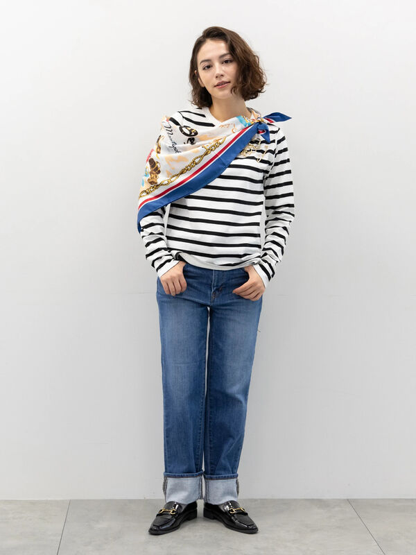 セール★1690円→990円 Tシャツ レディース ボーダー バスクシャツ クロップド ワイドスリーブ ショート丈 長袖 プルオーバー クルーネック  メール便不可