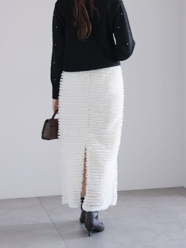 セール】 フリンジフリルチュールタイトスカート（オフホワイト