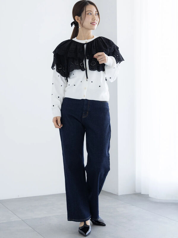 セール】 カットワークレースレイヤードボレロ（オフホワイト/ブラック