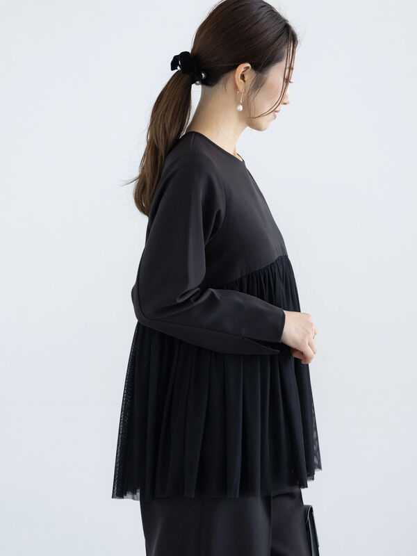 コムコムAD2022AW ブラック チュール付きTシャツS コムコムAD2022AW