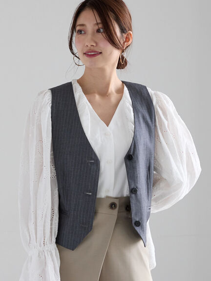 【宮本茉由着用】ストライプショートベスト《2025spring catalog item》（グレー/ネイビー）｜Te chichi（テチチ）通販